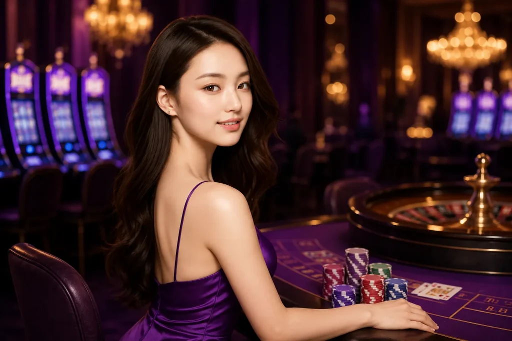 Asian casino model in purple dress surrounded by poker chips and roulette atmosphere Asian casino model in purple dress surrounded by poker chips and roulette atmosphere