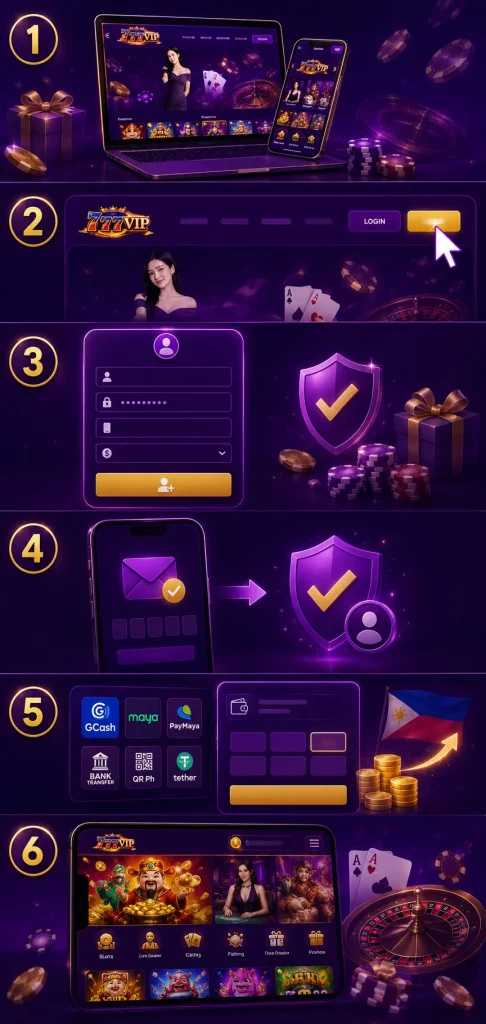 Casino registration steps in gold and purple Casino registration steps in gold and purple